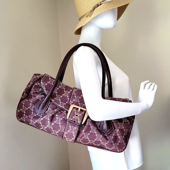 VTG Celine Triomphe Burgundy Canvas Leather Large Shoulder Tote Hand Bag Auth - Picture 6 of 12